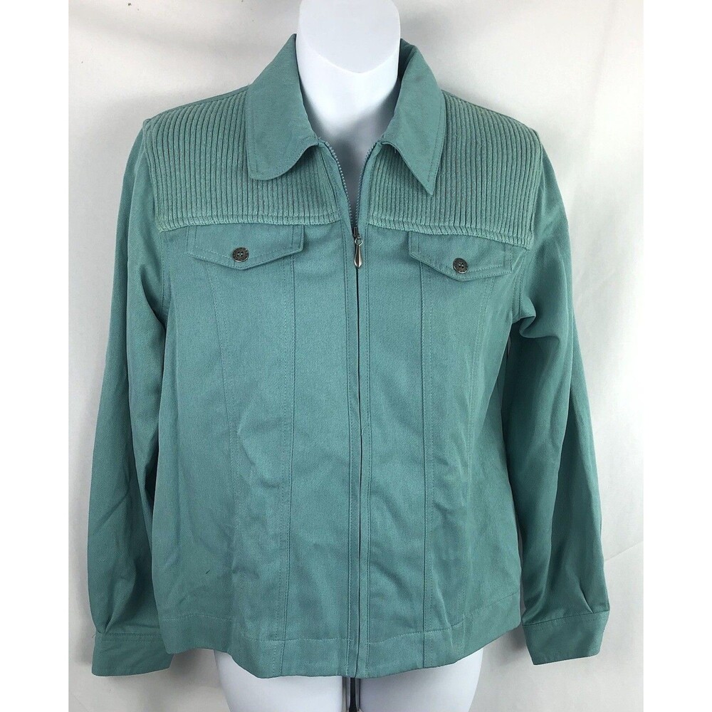 Alfred Dunner Zipper Front Shacket/Jacket Green 6P collar light denim